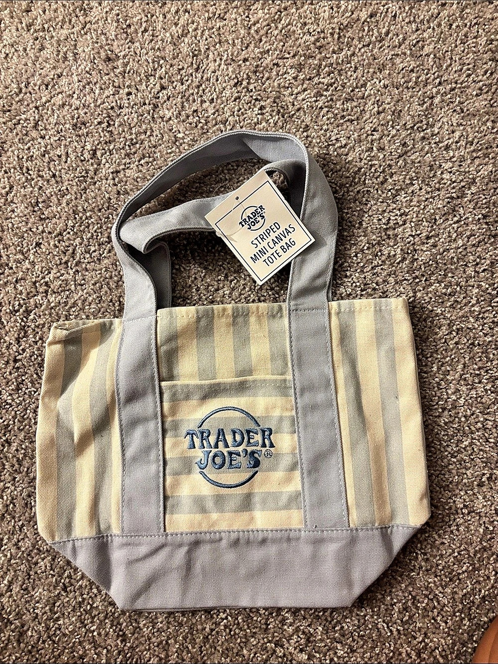 Trader Joe's Striped Mini Canvas Tote in Beige & blue NWT